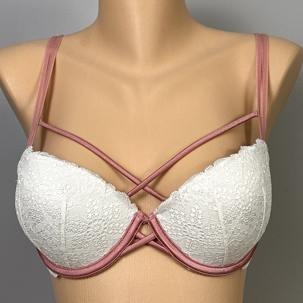 Victoria's Secret Pink Date Push Up Bra Size 34D Padded Underwire Cage Strappy